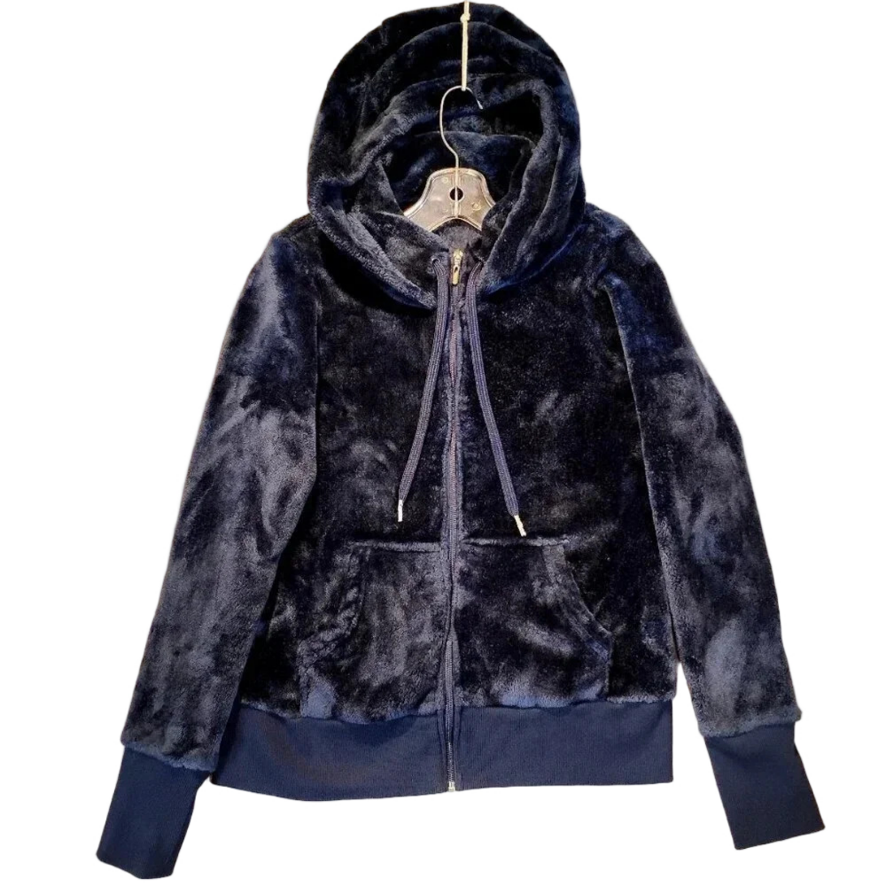 Women's Navy Zippered Hooded Teddy Coat Plush CK MEASUREMENTS